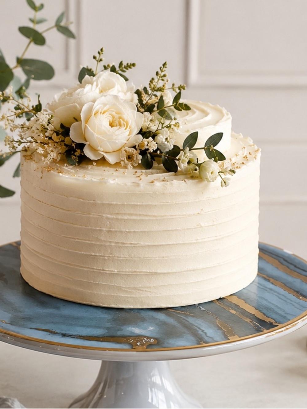 CERAMIC 9” CAKE STAND Marble Blue/Gray and Gold Vein Pattern Metallic Gold Trim